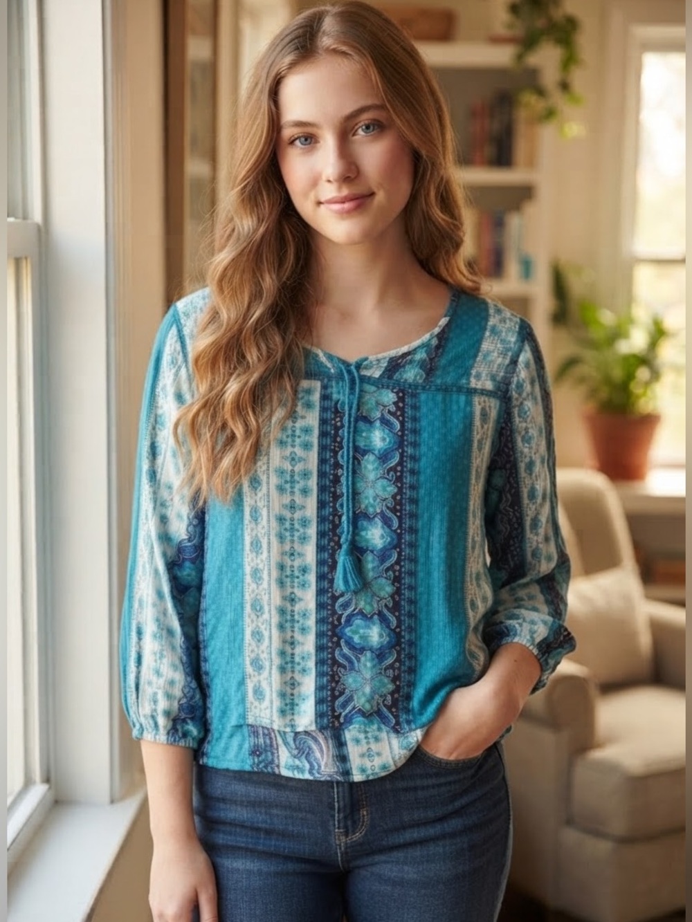 Justice Teal & Turquoise Patchwork Peasant Blouse